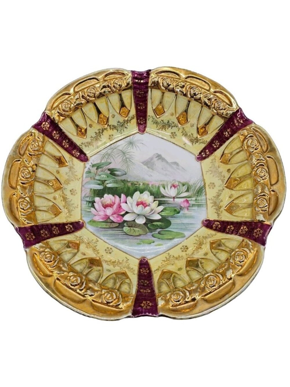 Hand Painted Gilded Scalloped Edge Bowl Water Lilies Victorian Antique Boho Glam